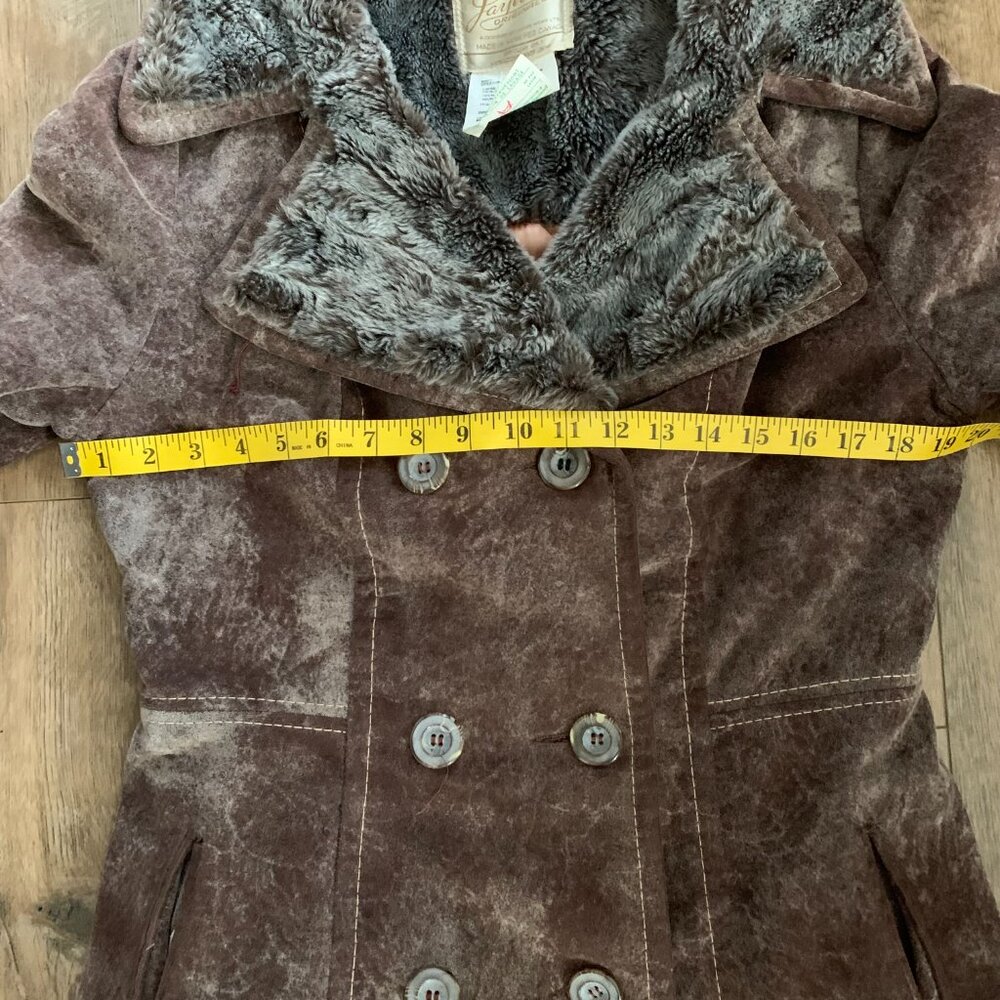 Vintage Penny Lane Pea Coat Faux Suede Fur Trim Double Breasted Overcoat - Picture 13 of 16